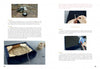 Pages 82–83 of The Little Upholstery Book by Schiffer Publishing, Ltd. feature step-by-step photo instructions for upholstering a fabric item, with tools, thread, buttons, and stapler shown to illustrate the process.