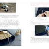 Pages 82–83 of The Little Upholstery Book by Schiffer Publishing, Ltd. feature step-by-step photo instructions for upholstering a fabric item, with tools, thread, buttons, and stapler shown to illustrate the process.