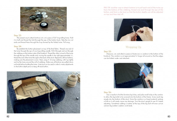 Pages 82–83 of The Little Upholstery Book by Schiffer Publishing, Ltd. feature step-by-step photo instructions for upholstering a fabric item, with tools, thread, buttons, and stapler shown to illustrate the process.