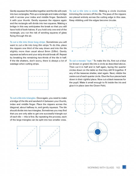 A page from *Fused Glass Mosaics* by Schiffer Publishing, Ltd. provides step-by-step instructions and diagrams for cutting triangles and circles, with blue highlights featuring Martin Cheek-inspired mosaic techniques and clear line illustrations.