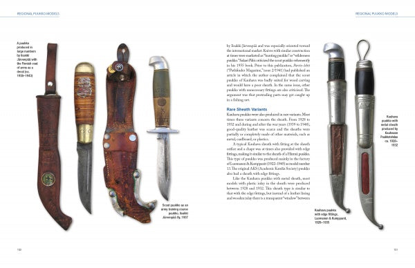 On the left are five traditional Finnish knives with unique handles and blades. On the right, two Anssi Ruusuvuori Finnish puukko knives with silver accents and engraved sheaths are displayed, from "The Puukko" by Schiffer Publishing, Ltd.