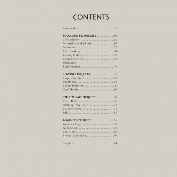 The Leathercraft book by Schiffer Publishing, Ltd. features a table of contents with sections on Tools and Techniques, Beginner, Intermediate, and Advanced Projects, and Supplies—highlighting essential leather crafting skills with page numbers.