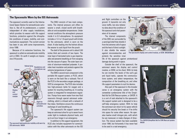 A two-page spread from "Disasters in Space" by Schiffer Publishing, Ltd. features text on ISS astronauts' spacesuits, references to US and Soviet missions, with diagrams and photos of suit components, an astronaut, and hardware.
