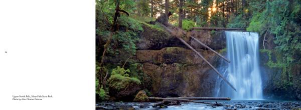 A waterfall flows over a mossy cliff amid lush trees in Willamette Valley, Oregon, with logs on rocky edges and water pooling below. From Schiffer Publishing, Ltd.