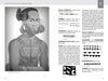 A black-and-white spread from "Lexicon of Tribal Tattoos" by Schiffer Publishing, Ltd. features a detailed illustration of a person with traditional tattoos and jewelry, alongside diagrams and text explaining tattoo motifs and their cultural meanings.