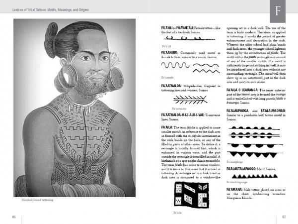 A black-and-white spread from "Lexicon of Tribal Tattoos" by Schiffer Publishing, Ltd. features a detailed illustration of a person with traditional tattoos and jewelry, alongside diagrams and text explaining tattoo motifs and their cultural meanings.