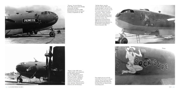 Four black-and-white photos from "B-29 Superfortress, Vol. 1" by Schiffer Publishing, Ltd. showcase WWII bomber planes with nose art and names like Pioneer and Cocksure, capturing the spirit of the iconic B-29 era.