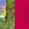 An illustrated bunny and yellow lizard peek through night foliage under the crescent moon and stars. The right is pink with text—perfect for children's adventure stories. Rupert's Tales by Schiffer Publishing, Ltd.