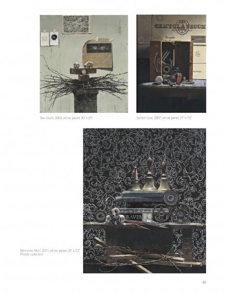 Three oil paintings by Boston artists featured in "100 Boston Artists" from Schiffer Publishing, Ltd.: a skull with branches, a birdcage labeled Fragile, and an ornate machine—ideal visuals for any art lover or book.