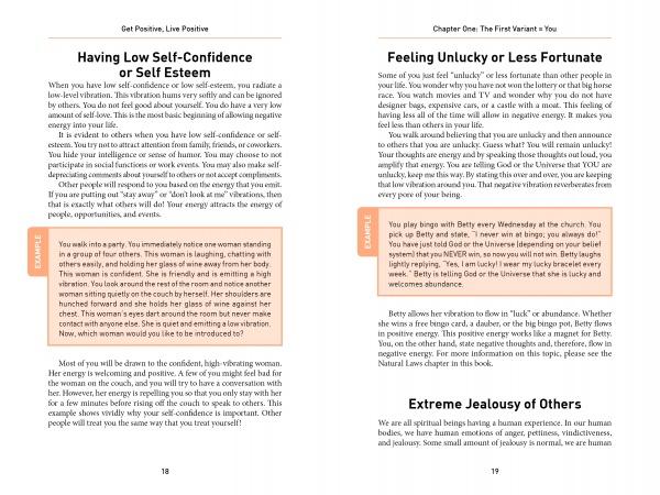 Pages 18 and 19 of Get Positive Live Positive by Schiffer Publishing, Ltd. discuss low self-confidence, feeling unlucky, and envy, using text boxes and headings to show how negative energy affects our mindset.