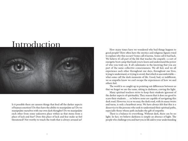 A page from The Empath and the Dark Road by Schiffer Publishing, Ltd. features a grayscale image of intense eyes with abstract lines, introducing themes of life's events, spirituality, empathy, and emotional control.