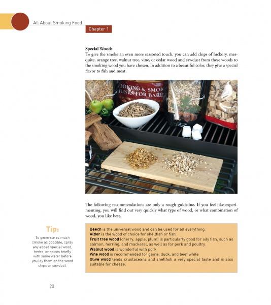A page from Home Smoking Basics by Schiffer Publishing, Ltd. shows a wooden board with various wood chips on a grill, bags of chips behind, details on smoking meat and wood types, and a yellow tip box at the lower left.