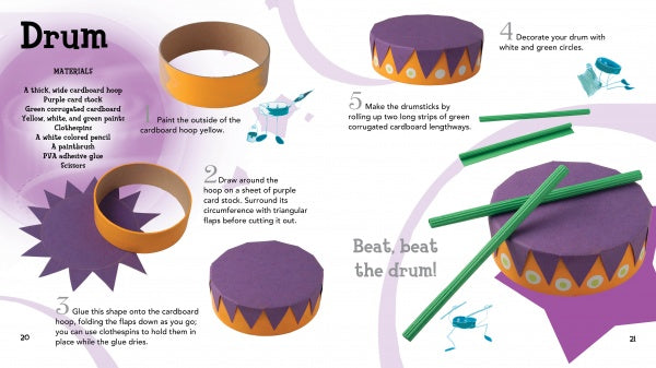 Create a five-step colorful paper drum with Schiffer Publishing, Ltd.'s Cardboard—featuring a purple top, orange rim, green paper “drumsticks,” and zigzag edging—shown in illustrated instructions to build fine motor skills.