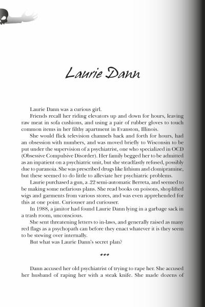 A page from "Midwest Maniacs" by Schiffer Publishing, Ltd. features the heading Laurie Dann, describing her unusual childhood, mental health challenges, and infamous acts among Midwest murderers. A hand silhouette is visible on the left.