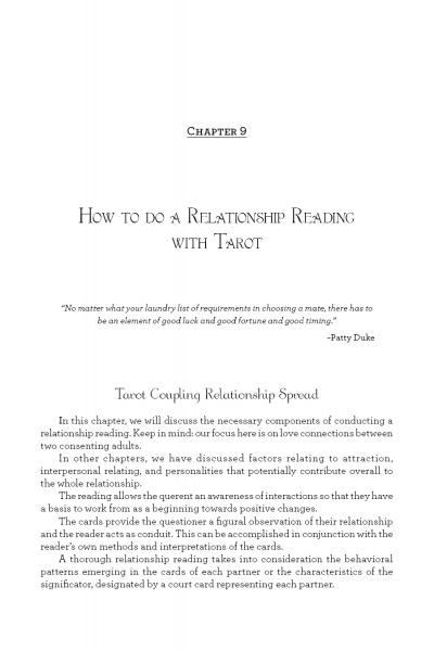 A book page titled "How to Do a Relationship Reading with Tarot" features Chapter 9, a Patty Duke quote, and introduces Schiffer Publishing, Ltd.'s Tarot Coupling for relationship readings using the Tarot Coupling Relationship Spread.
