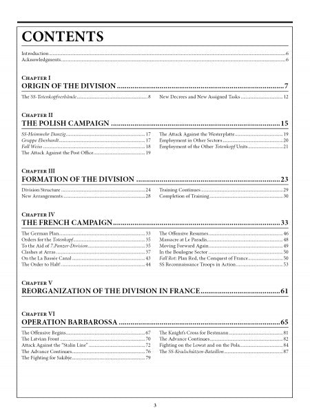 A table of contents page from Schiffer Publishing's "The 3rd Waffen-SS Panzer Division Totenkopf, 1939-1943," listing chapters on the division’s origins, Poland and France campaigns, reorganization, and Eastern Front WWII actions with page numbers.