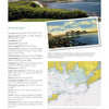 A page from "Lighthouses and Lightships of Rhode Island" by Schiffer Publishing, Ltd. features text and three images: a color photo of a coastal lighthouse on a jetty, a vintage postcard of it, and a nautical chart of its surrounding waterways.