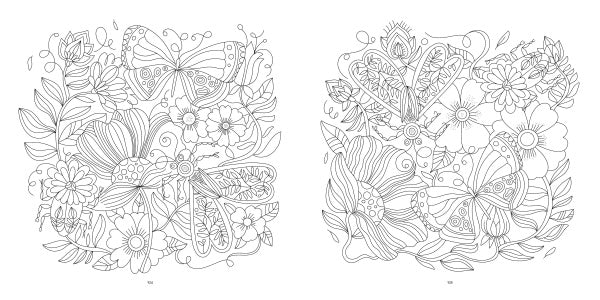 Two detailed black-and-white pages from the Happy Place Coloring Book by Schiffer Publishing, Ltd., featuring butterflies and dragonflies among decorative flowers and leaves—perfect for adult coloring enthusiasts.