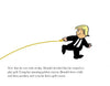 Cartoon of a blond man in a suit drawing a hill with a golden crayon. Caption: “Now that he was wide awake, Donald decided to play golf...and soon he had a golf course.” From Donald and the Golden Crayon by Schiffer Publishing, Ltd.; political satire.