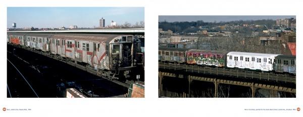 Two subway trains covered in vibrant NYC graffiti travel on elevated tracks through a cityscape. Split into two panels, the image reveals snapshots of NYC graffiti history from Born to Run by Schiffer Publishing, Ltd.
