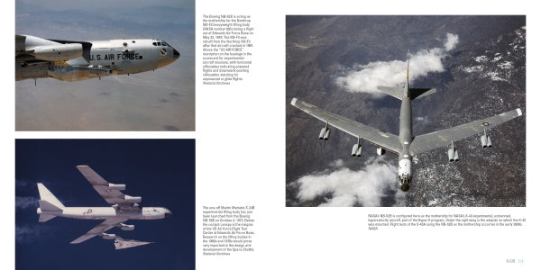 A two-page spread from Schiffer Publishing, Ltd.'s "B-52 Stratofortress" showcases three in-flight images of the bomber, with captions detailing its design, operations, and nuclear deterrence role.