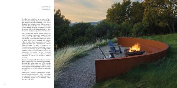 A copper-hued curved bench encircles a fire pit amid grasses and trees at sunset—capturing the inviting spirit of Northern California gardens. "Regional Landscape Architecture: Northern California" by Schiffer Publishing, Ltd. appears on the left.