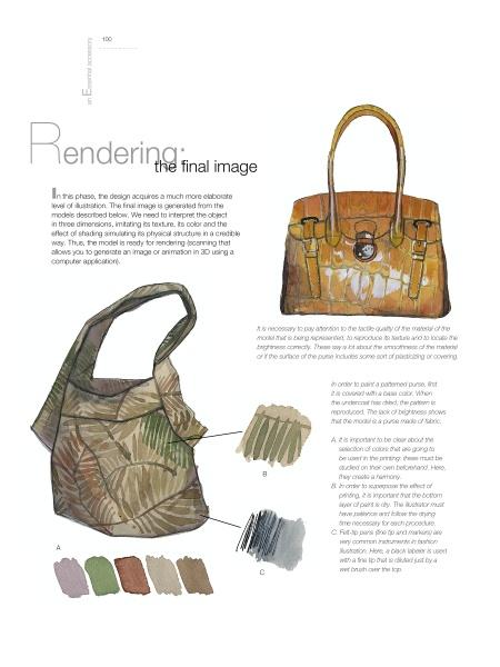 A page from "Designing Fashion Accessories" by Schiffer Publishing, Ltd. displays two illustrated handbags—a brown leather and a green camouflage—plus paint swatches and text about accessory rendering techniques.