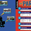The "Coasting Around the UK" book by Schiffer Publishing, Ltd. features a UK map marking major amusement parks with blue dots and photos. A vibrant contents page lists parks like Adventure Island and Alton Towers with numbered sections and page numbers.