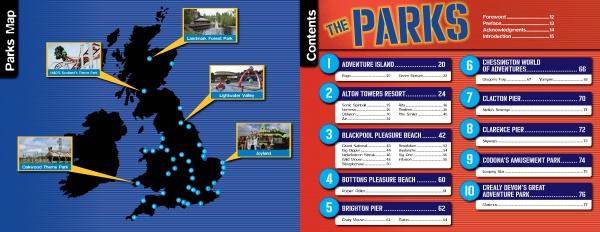 The "Coasting Around the UK" book by Schiffer Publishing, Ltd. features a UK map marking major amusement parks with blue dots and photos. A vibrant contents page lists parks like Adventure Island and Alton Towers with numbered sections and page numbers.