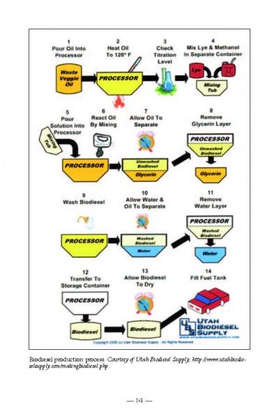 The book "Exploring Sustainable Biodiesel" by Schiffer Publishing, Ltd. features a step-by-step flowchart of small-scale biodiesel production, covering oil processing, methanol blending, reaction, washing, drying, and fuel storage.