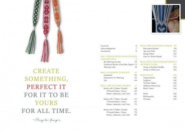 Three colorful woven tasseled bookmarks hang vertically on a white background beside a contents page from "Weaving Patterned Bands" by Schiffer Publishing, Ltd., featuring green and yellow text and a photo of hands weaving with dark blue and white threads.