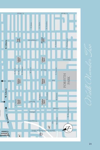Explore Savannah with Schiffer Publishing, Ltd.’s Self-Guided Tour of Savannah—a detailed map highlighting Forsyth Park, key streets, museums, libraries, visitor centers, and historic landmarks for your perfect walking adventure.