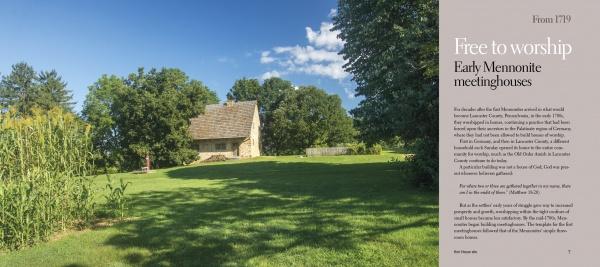 The book "Plain Meetinghouses" by Schiffer Publishing, Ltd. features a small stone house with a pitched roof amid green grass, tall trees, and corn beneath Lancaster County skies; early Mennonite meetinghouse facts are displayed on a beige panel to the right.
