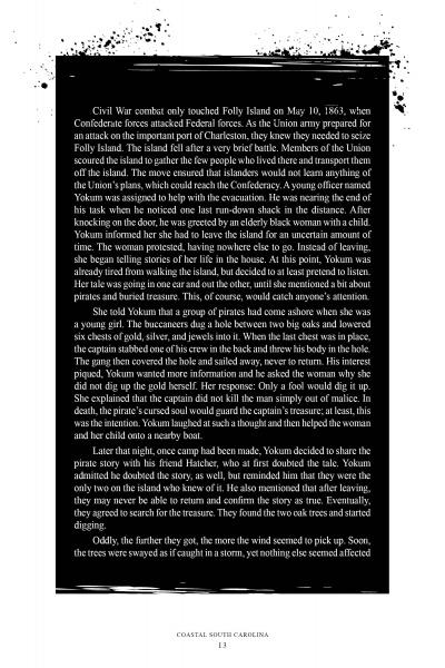 A page from "South Carolina Haunts" by Schiffer Publishing, Ltd. recounts 1863 Civil War events on Folly Island, highlighting Yokum, a young Black woman who aided Union troops—a story rooted in local haunted lore, shown with a decorative border and black text.