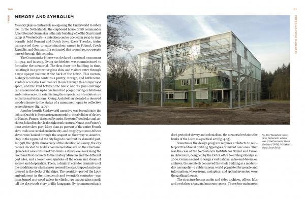 Notes from the Underworld" by Schiffer Publishing, Ltd. features a two-story green and white house enclosed in a glass and steel structure in the woods, highlighting memory, symbolism, and architectural design on the left.
