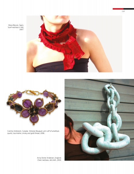 A page features three unique pieces of Costume Jewelry by Schiffer Publishing, Ltd.: a red ruffled scarf, a gold necklace with purple stones, and a light blue sculptural chain draped over a shoulder.