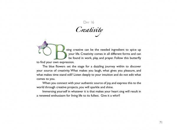 A page in Inspiring Butterflies by Schiffer Publishing, Ltd. features decorative butterfly art and uplifting text on creativity, self-expression, laughter, and joy—ideal for your self-discovery workbook. Page 71 is at the bottom right.
