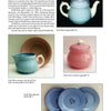 A page showcasing Schiffer Publishing, Ltd.'s Solid-Colored Dinnerware—vintage pastel ceramics like a blue teapot, blue creamer with pink sugar jar, and blue dessert plates—with descriptions and prices for each collectible piece.