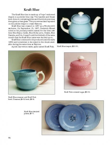 A page showcasing Schiffer Publishing, Ltd.'s Solid-Colored Dinnerware—vintage pastel ceramics like a blue teapot, blue creamer with pink sugar jar, and blue dessert plates—with descriptions and prices for each collectible piece.