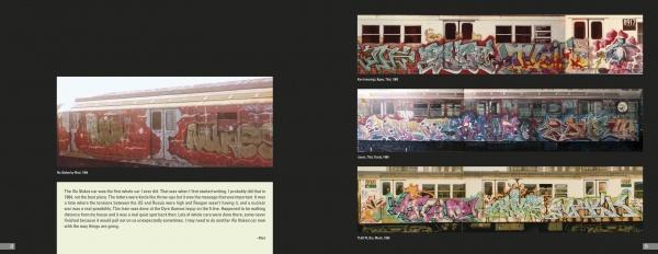 Four Bronx subway cars with vibrant graffiti are featured in "From the Platform 2" by Schiffer Publishing, Ltd. On the right, three images show graffiti details, while the left displays a larger photo and text on graffiti history.