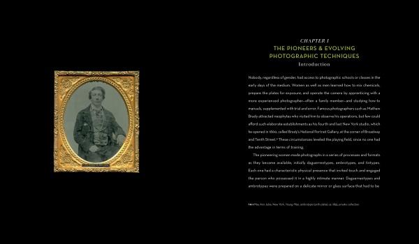 On the left, a vintage sepia photo of a woman in a gold frame. On the right, “Women in the Dark” by Schiffer Publishing, Ltd. introduces Chapter 1 on female pioneers in 19th-century American photography.