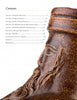 A close-up of a brown, textured ceramic jug with a sculpted bearded face sits beside the table of contents from "Early German Stoneware" by Schiffer Publishing, Ltd., listing chapters on medieval ceramics and Rheinische Steinzeug.