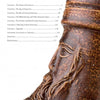 A close-up of a brown, textured ceramic jug with a sculpted bearded face sits beside the table of contents from "Early German Stoneware" by Schiffer Publishing, Ltd., listing chapters on medieval ceramics and Rheinische Steinzeug.
