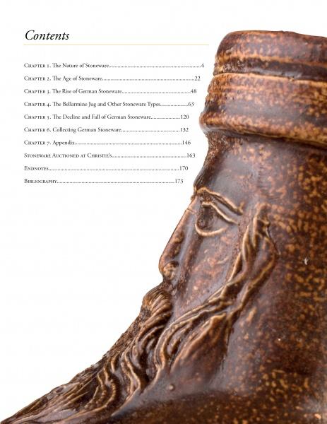 A close-up of a brown, textured ceramic jug with a sculpted bearded face sits beside the table of contents from "Early German Stoneware" by Schiffer Publishing, Ltd., listing chapters on medieval ceramics and Rheinische Steinzeug.