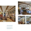 A collage of cozy, elegant living rooms with wooden beams and a Christmas tree presents festive decor from “Christmas by Design” by Schiffer Publishing, Ltd., featuring plush furniture and round dining tables on hardwood floors.