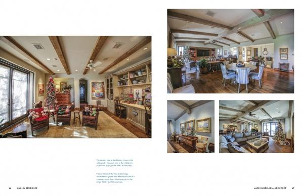 A collage of cozy, elegant living rooms with wooden beams and a Christmas tree presents festive decor from “Christmas by Design” by Schiffer Publishing, Ltd., featuring plush furniture and round dining tables on hardwood floors.