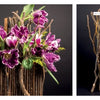 Two arrangements from "Perishable Poetics" by Schiffer Publishing, Ltd.: on the left, layered sticks with vibrant purple flowers; on the right, a tall cylindrical design of twisted branches without blossoms.