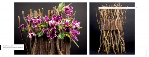 Two arrangements from "Perishable Poetics" by Schiffer Publishing, Ltd.: on the left, layered sticks with vibrant purple flowers; on the right, a tall cylindrical design of twisted branches without blossoms.