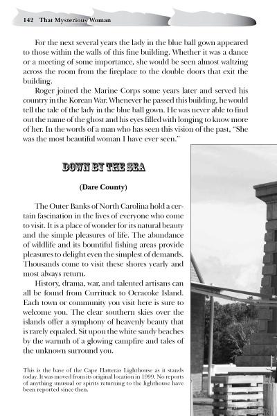 A page from "Ghosts of the North Carolina Shores" by Schiffer Publishing, Ltd. features text on “That Mysterious Woman” in a blue hall, “Down by the Sea (Dare County)” about haunted towns, and a grayscale lighthouse image at the bottom right.