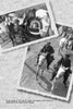 Two black-and-white photos from "Cavalry Divisions of the Waffen-SS" by Schiffer Publishing, Ltd. show German soldiers on horseback with gear in 1941 East Prussia, preparing for a WWII campaign. The images appear slightly tilted.
